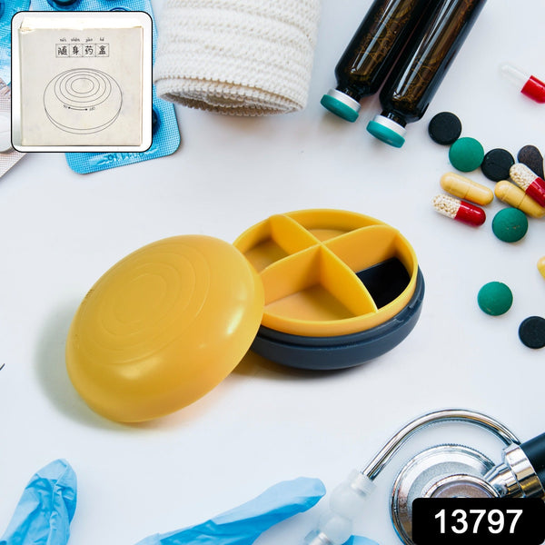 Portable Round Shape 4 Compartments Pill Box (1 Pc / With Color Box) - justgrabit.in | Just Grab It