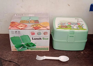 Double - Layer Square Lunch Box with Spoon , 4 Compartment Tiffin & Push Lock , Plastic Tiffin Box for Travelling, School Kids & Office Exclusive, Home - Justgrabit Inc.