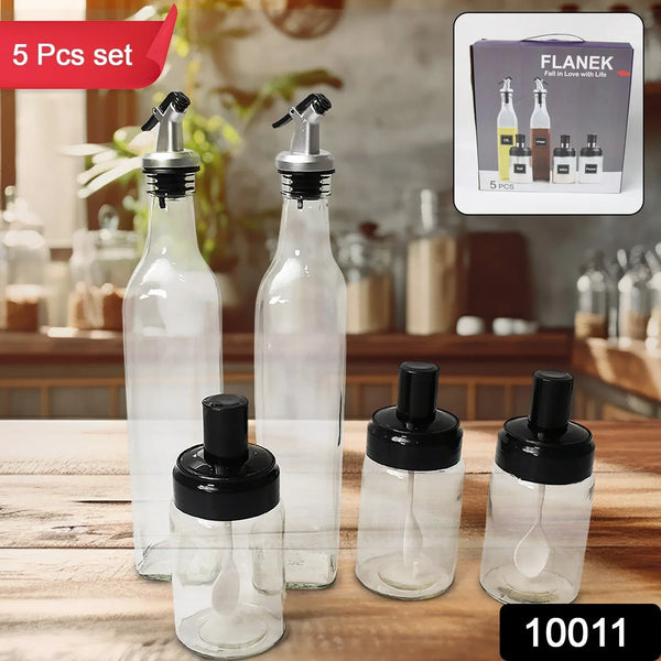 Transparent Glass Oil Dispenser 500 ML Bottle Set of 2, Spice Jar 250 ML Set of 3, Oil Bottle for Kitchen, Oil & Vinegar Storage Glass Bottle, Glass Container for Spice, Masala (5 Pcs Set) - Justgrabit Inc.