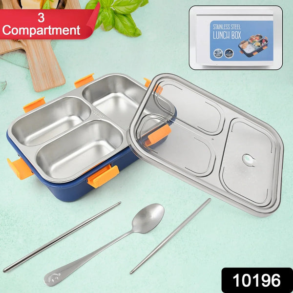 3 Compartment Transparent Stainless Steel Lunch Box with a Spoon and a Pair of Chopsticks (1 Set) - justgrabit.in | Just Grab It