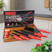 Kitchen Knife Set with Marble - Coated Blades & Red Handles (6 Pc) - justgrabit.in | Just Grab It