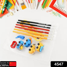 Pencil and Eraser Set, Construction Truck Theme Stationery Kit Includes 6 Pencils, 4 Erasers, 1 Sharpener, 1 Ruler Bookmark, 1 Pencil Cap Stationary For Birthday Gifts for Kids, Birthday Return Gifts (13 Pc set) - justgrabit.in | Just Grab It