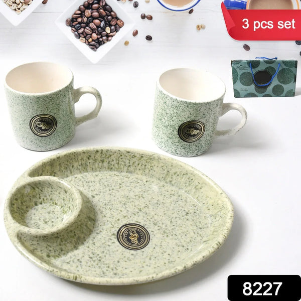 Ceramic Tea/Coffee Cup Set - Alpino 3 - Piece with 2 - Compartment Serving Platter (BPA - Free) - Justgrabit Inc.