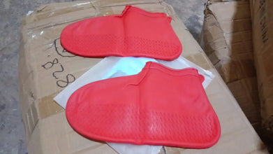 Non - Slip Silicone Rain Reusable Anti skid Waterproof Fordable Boot Shoe Cover (Medium Size / 1 Pair / Red) - justgrabit.in | Just Grab It
