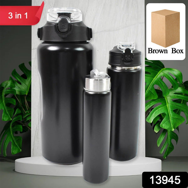 3 in 1 Stainless Steel Insulated Water Bottle – Double Wall Vacuum (3 Pcs Set) - justgrabit.in | Just Grab It