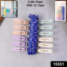 Clothesline Rope 12 Clips – 5 Meter Approx Heavy Duty Laundry Drying Rope with Clip - justgrabit.in | Just Grab It