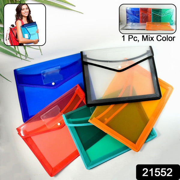 Transparent Document File Folder Multi - Color Button Closure File Bags (1 Pc / Mix Color) - justgrabit.in | Just Grab It