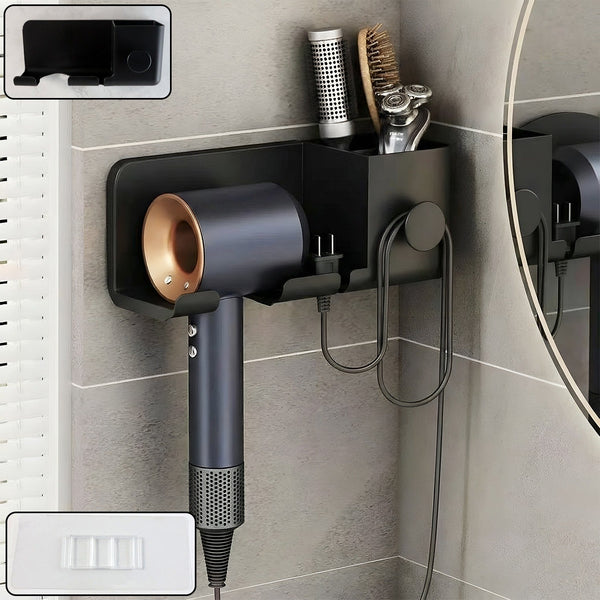 Wall Mounted Hair Dryer Holder with Multipurpose Organizer Shelf and Hook - justgrabit.in | Just Grab It