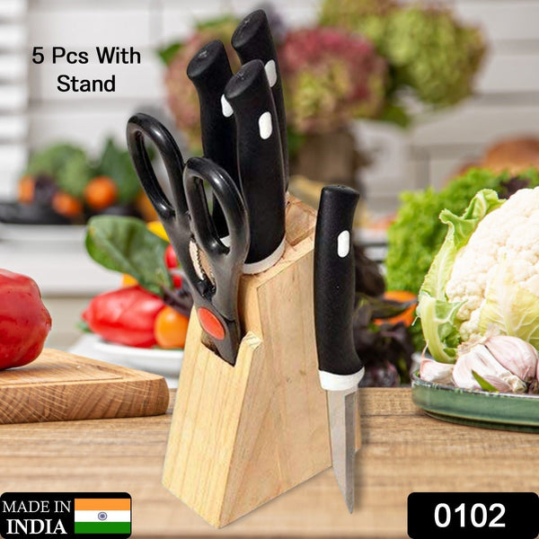 Kitchen Knife Set with Wooden Block and Scissors, Chhari (5 pcs, Black) - justgrabit.in | Just Grab It