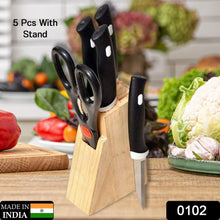 Kitchen Knife Set with Wooden Block and Scissors, Chhari (5 pcs, Black) - justgrabit.in | Just Grab It