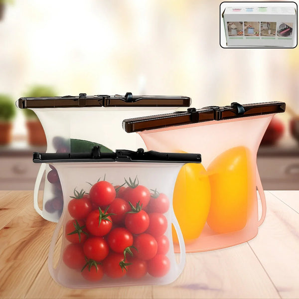 Eco-Friendly Food Storage: Reusable Silicone Bags (3-Pack) - Leakproof & Safe - Justgrabit Inc.
