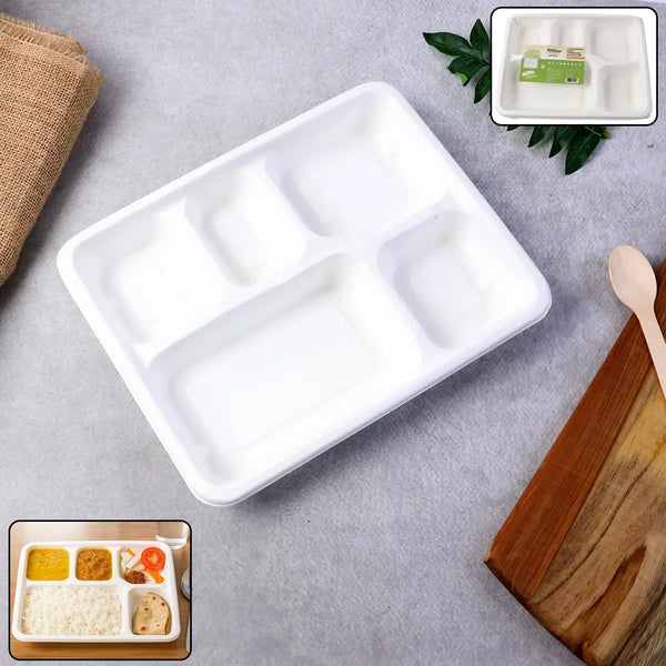 5 - Compartment Rectangle Lunch Compostable Bagasse Plate – 10 Pcs Pack - justgrabit.in | Just Grab It