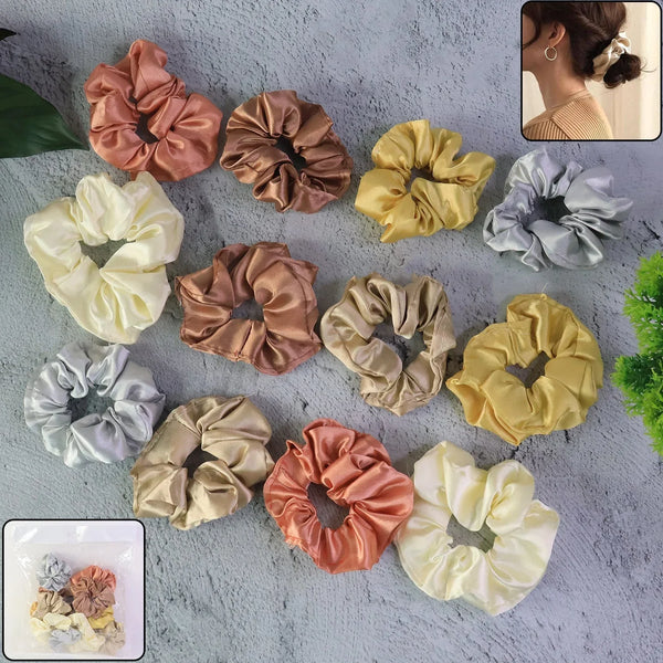 Premium Satin Hair Scrunchies / Elastic Hair Ties for Women & Girls (12 Pc) - Justgrabit Inc.
