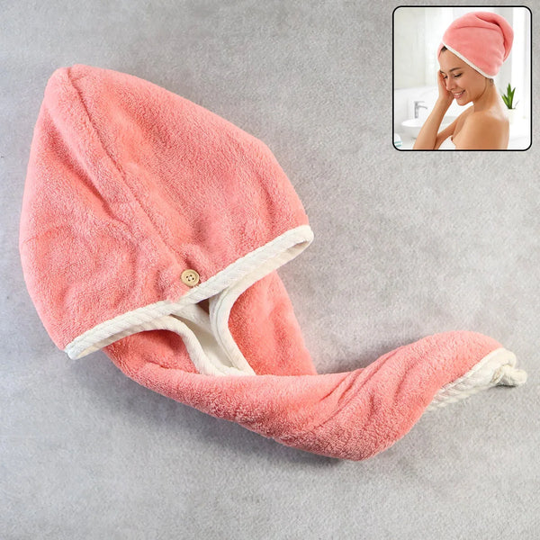 Soft Microfiber Hair Drying Towel Cap with Button Loop (1 Pc) - justgrabit.in | Just Grab It