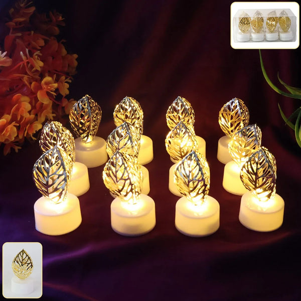 Decorative Golden Leaf Shaped Flameless LED Candles (12 Pc) - justgrabit.in | Just Grab It