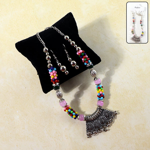 Premium Multicolor Beaded Oxidised Necklace (1 Pc Set) - justgrabit.in | Just Grab It