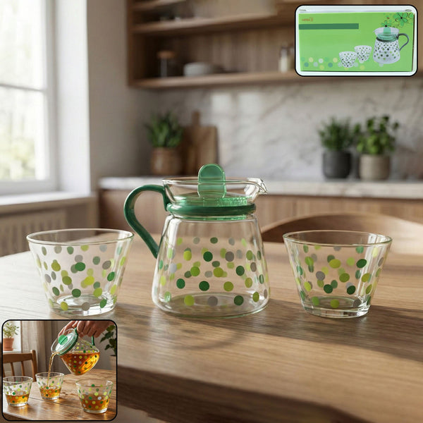 Elegant Glass Tea Pot with Matching Cups Set (1 Set) - justgrabit.in | Just Grab It