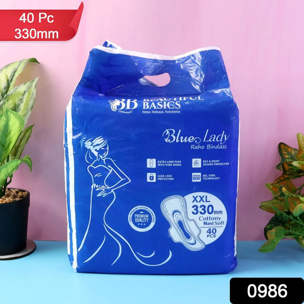 Beautiful Basics Blue Lady Extra Long Pads With Wides Wings Sanitary Pads – 330 mm, 40 - Pack - justgrabit.in | Just Grab It