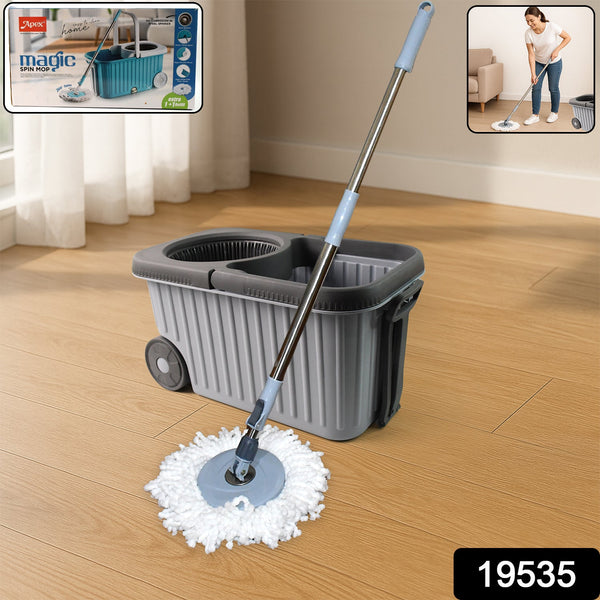 Apex Magic Spin Mop Cleaning Set with Dual Chamber Bucket & Wheels - justgrabit.in | Just Grab It