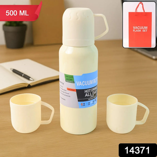 White Vacuum Flask Set – Stainless Steel Thermos with 3 Cups, Approx 500ml - Justgrabit Inc.