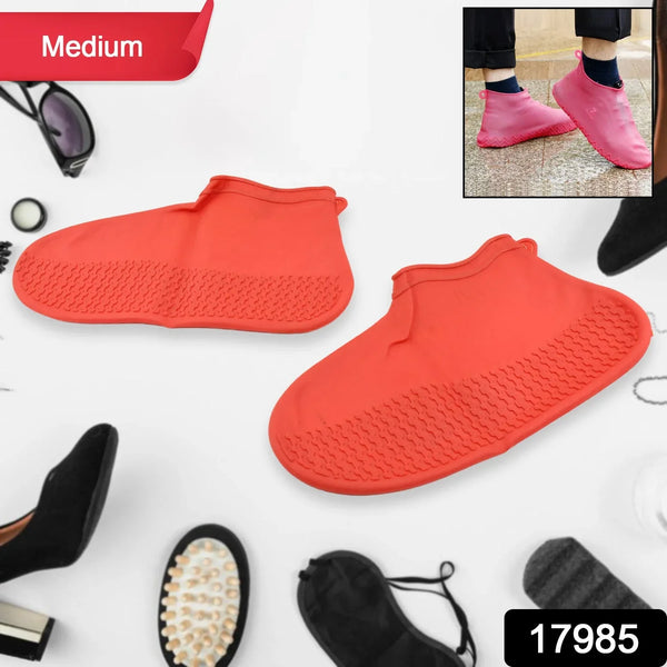 Non - Slip Silicone Rain Reusable Anti skid Waterproof Fordable Boot Shoe Cover (Medium Size / 1 Pair / Red) - justgrabit.in | Just Grab It