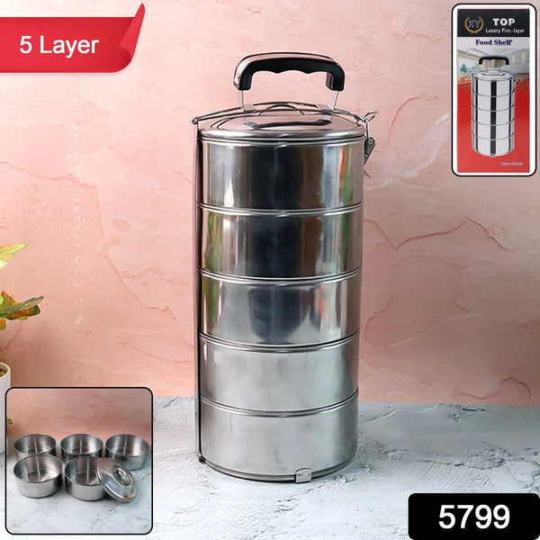 5 Compartment Lunch Box (Stainless Steel): Round Tiffin, Leakproof (16x5") - Justgrabit Inc.