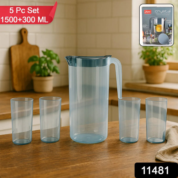 Apex Crystal Premium Jug with Lid & 4 Pcs Glass (1500 ML / 300 ML Approx / 5 Pcs Set) - Justgrabit Inc.