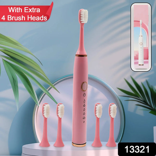 Adult Waterproof Electric Toothbrush with Extra 4 Toothbrush Head (1 Pc / USB Charging Operated / Mix Colour) - justgrabit.in | Just Grab It