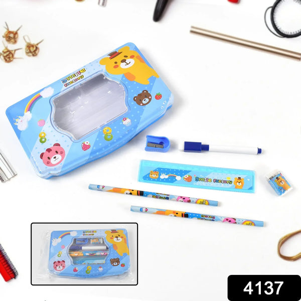 Cartoon Metal Compass Box for Kids with Stationery (6 Pc Set) - justgrabit.in | Just Grab It
