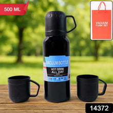Black Vacuum Flask Set – Stainless Steel Thermos with 3 Cups, Approx 500ml - Justgrabit Inc.