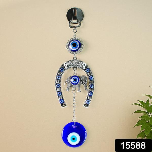 Decorative Evil Eye Hanging with Elephant and Horseshoe Motif, Wind Chime (1 Pc) - justgrabit.in | Just Grab It