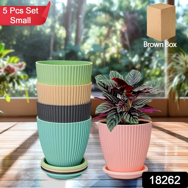 Round Flower Pot with Bottom Tray (5 Pcs Set / Small / 14×16 Cm) - justgrabit.in | Just Grab It