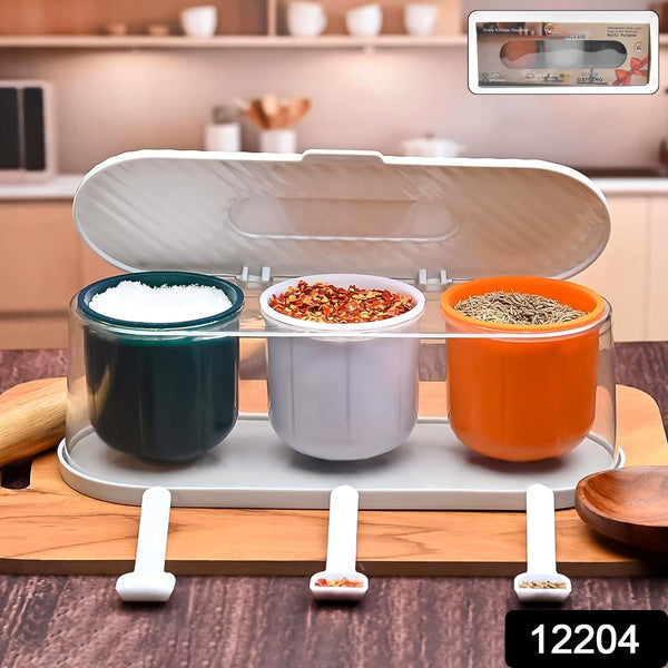 Home Kitchen 3 Grid Seasoning Spice / Masala Box Kit with Spoon (Multicolor / 1 Set) - justgrabit.in | Just Grab It