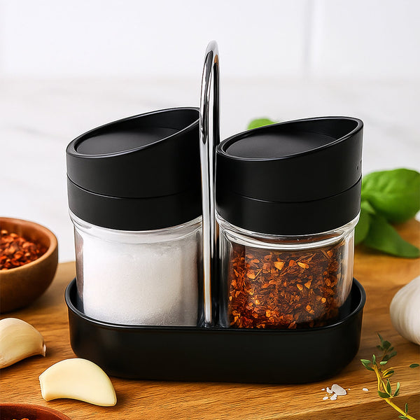 Apex Helix Salt N' Pepper 2 - Piece Plastic Jar Set with Stand - justgrabit.in | Just Grab It