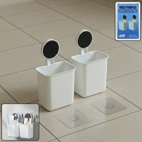 Wall Mounted Plastic Toothbrush Holder with Adhesive Installation (2 Pc) - justgrabit.in | Just Grab It