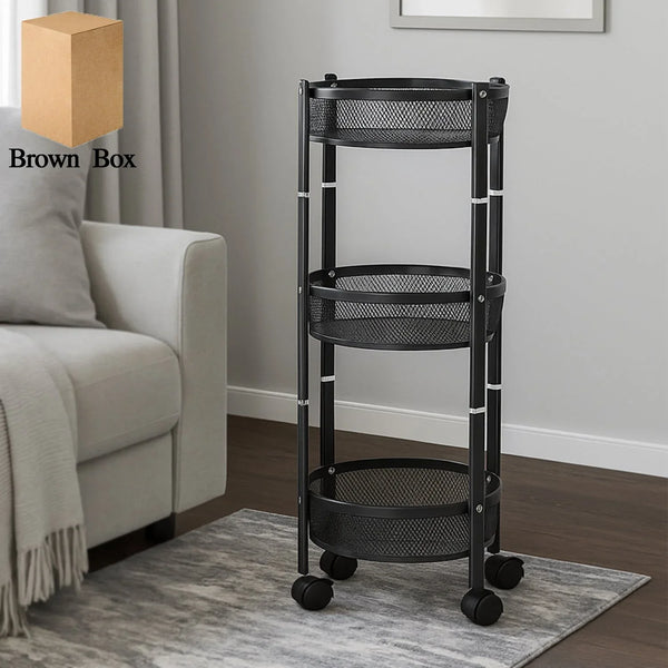 3 - Layer Round Metal Mesh Utility Storage Trolley with Wheels - Justgrabit Inc.