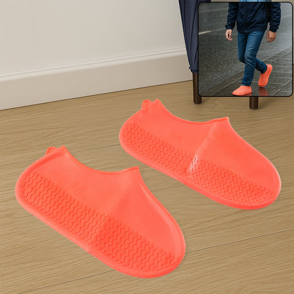 Orange Non - Slip Silicone Rain Reusable Anti skid Waterproof Fordable (1 Pair) - justgrabit.in | Just Grab It